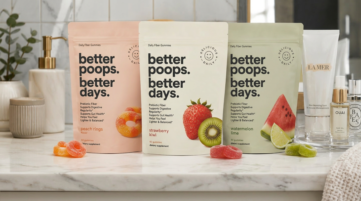 Three Better Poops fiber gummy pouches in peach, cream, and sage on a marble bathroom counter