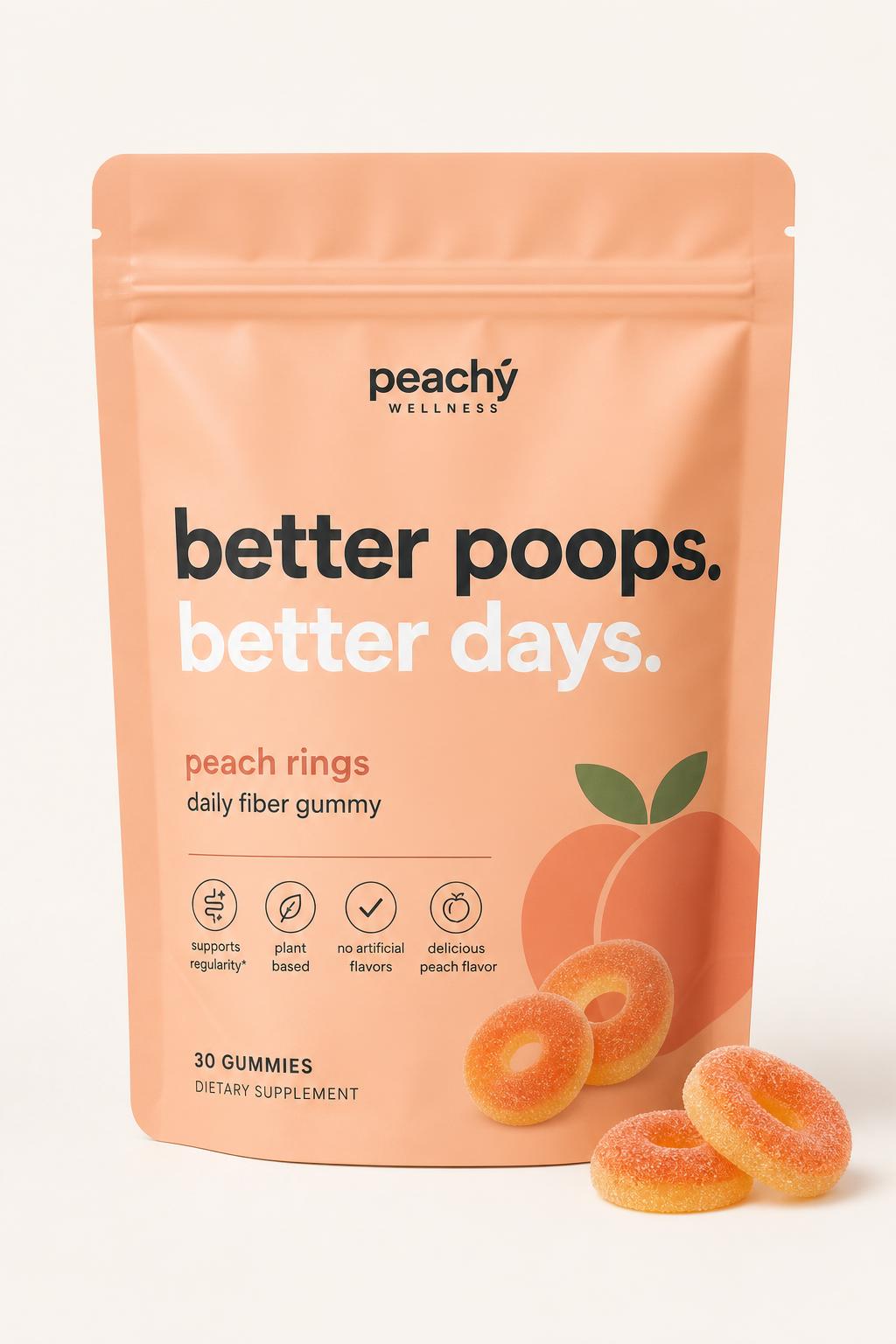 Better Poops peach rings fiber gummy pouch